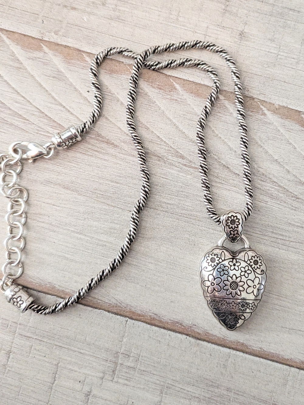 Brighton Silver Etched Puffy Heart Pendant Necklace